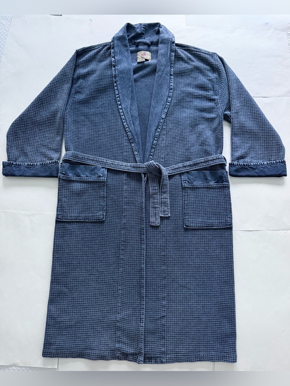 Vintage Territory Ahead Turkish Cotton Shaw Textured Belted Blue Lounge Robe (OS